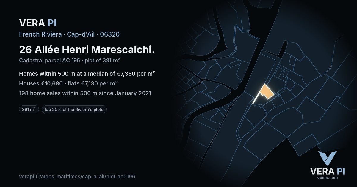 26 Allée Henri Marescalchi, Cap-d'Ail at night – the plot lit, the parcels around coloured by the prices near them