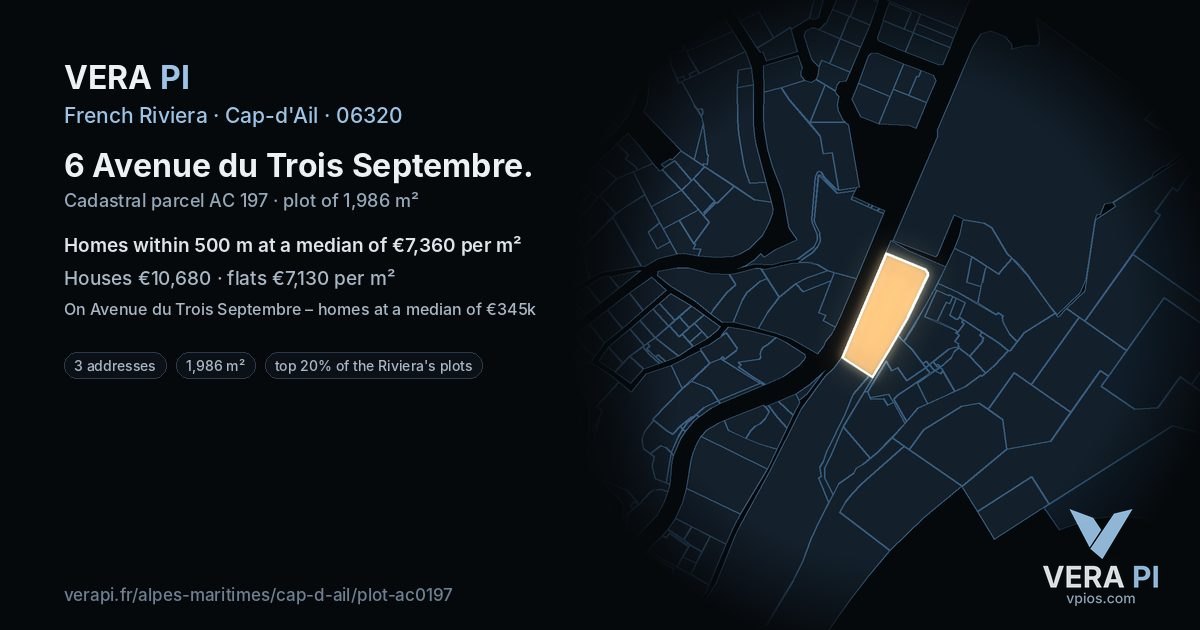 6 Avenue du Trois Septembre, Cap-d'Ail at night – the plot lit, the parcels around coloured by the prices near them