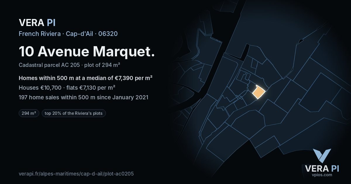 10 Avenue Marquet, Cap-d'Ail at night – the plot lit, the parcels around coloured by the prices near them