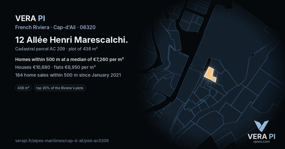12 Allée Henri Marescalchi, Cap-d'Ail at night – the plot lit, the parcels around coloured by the prices near them