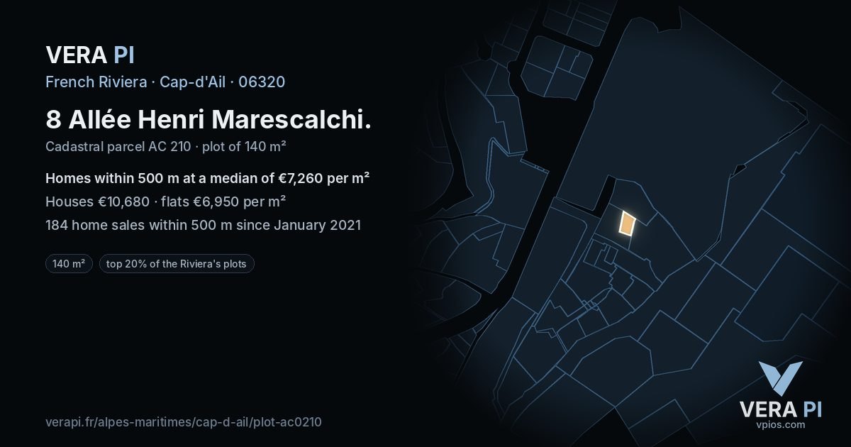 8 Allée Henri Marescalchi, Cap-d'Ail at night – the plot lit, the parcels around coloured by the prices near them