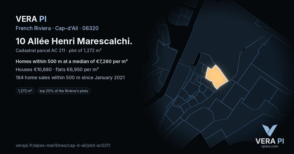 10 Allée Henri Marescalchi, Cap-d'Ail at night – the plot lit, the parcels around coloured by the prices near them