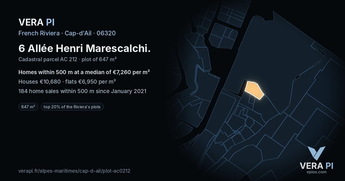 6 Allée Henri Marescalchi, Cap-d'Ail at night – the plot lit, the parcels around coloured by the prices near them