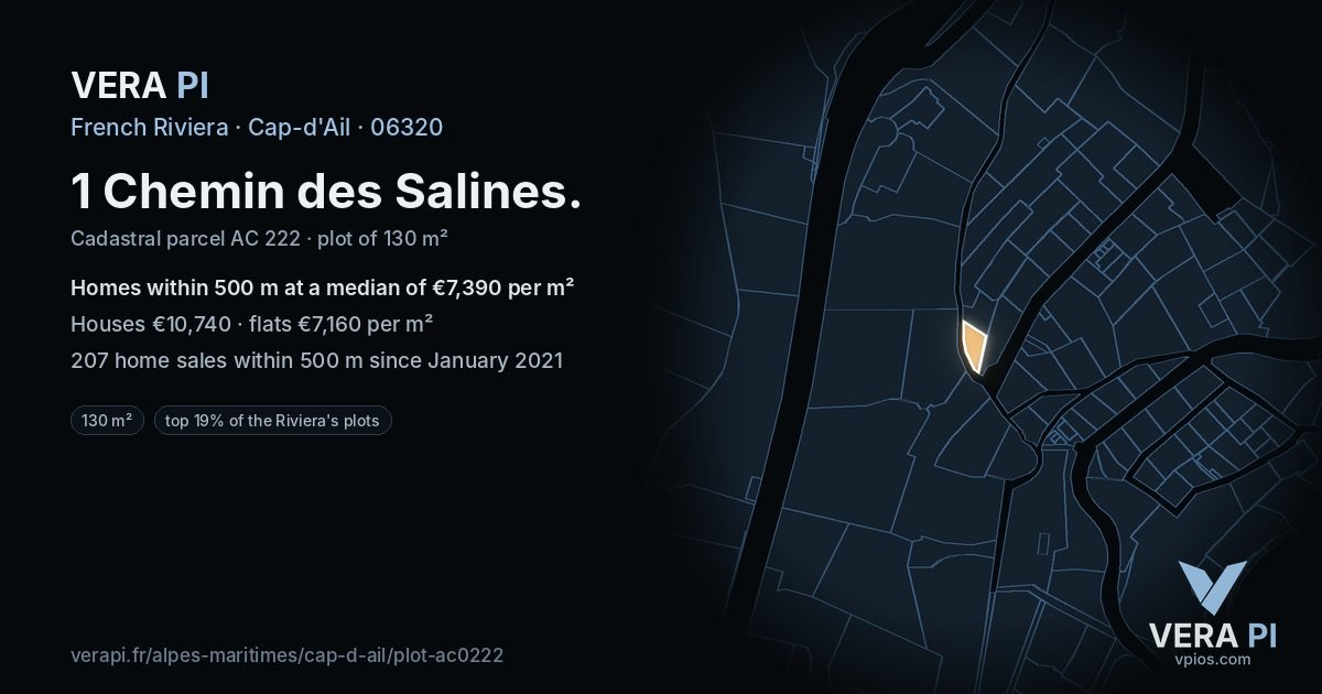 1 Chemin des Salines, Cap-d'Ail at night – the plot lit, the parcels around coloured by the prices near them
