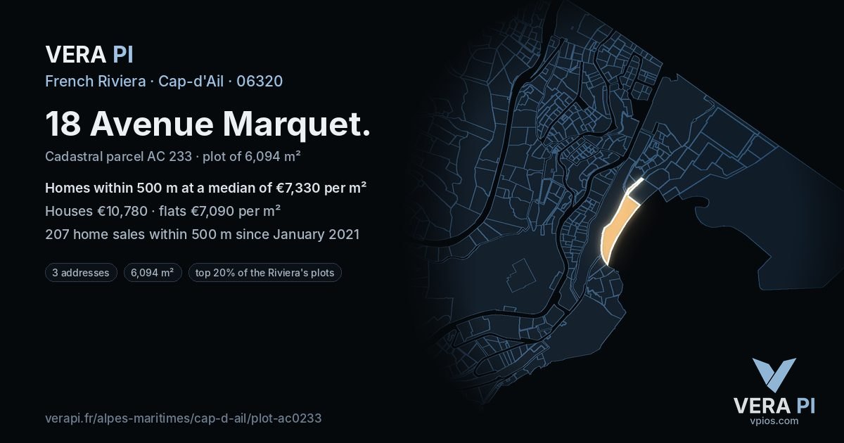 18 Avenue Marquet, Cap-d'Ail at night – the plot lit, the parcels around coloured by the prices near them