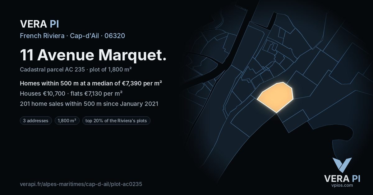 11 Avenue Marquet, Cap-d'Ail at night – the plot lit, the parcels around coloured by the prices near them