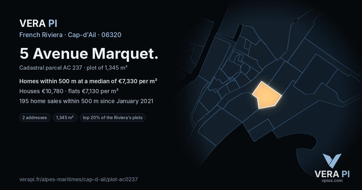 5 Avenue Marquet, Cap-d'Ail at night – the plot lit, the parcels around coloured by the prices near them