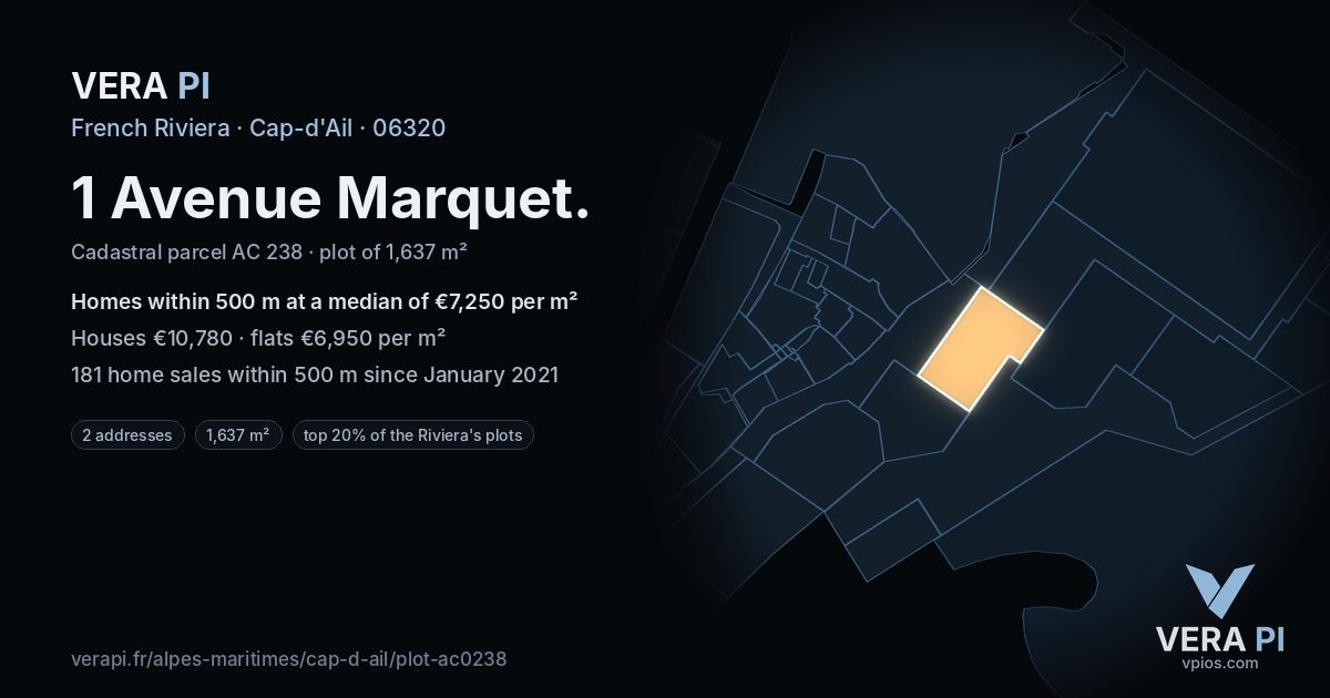 1 Avenue Marquet, Cap-d'Ail at night – the plot lit, the parcels around coloured by the prices near them