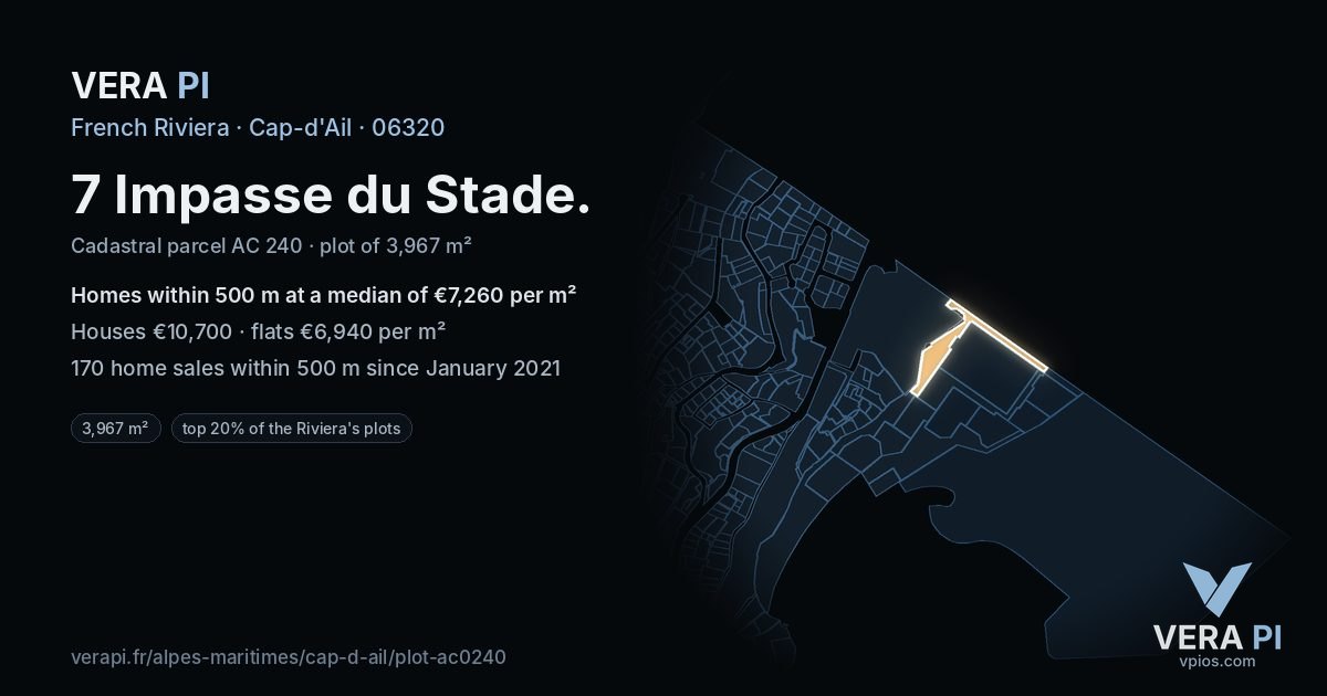 7 Impasse du Stade, Cap-d'Ail at night – the plot lit, the parcels around coloured by the prices near them