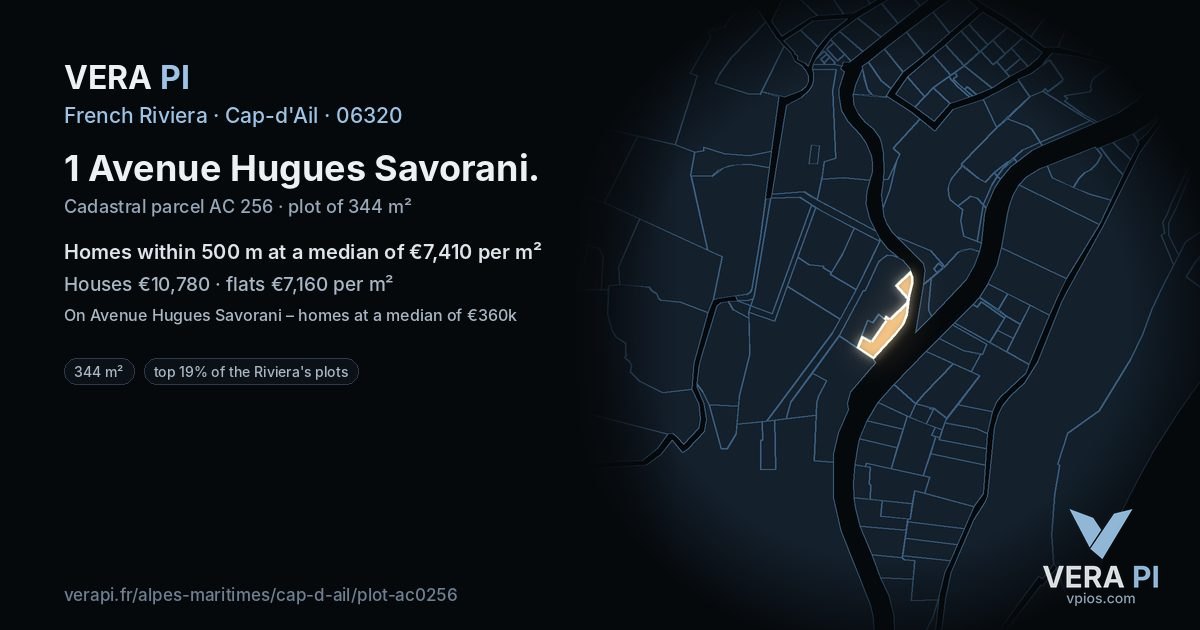 1 Avenue Hugues Savorani, Cap-d'Ail at night – the plot lit, the parcels around coloured by the prices near them