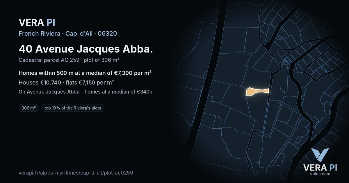 40 Avenue Jacques Abba, Cap-d'Ail at night – the plot lit, the parcels around coloured by the prices near them