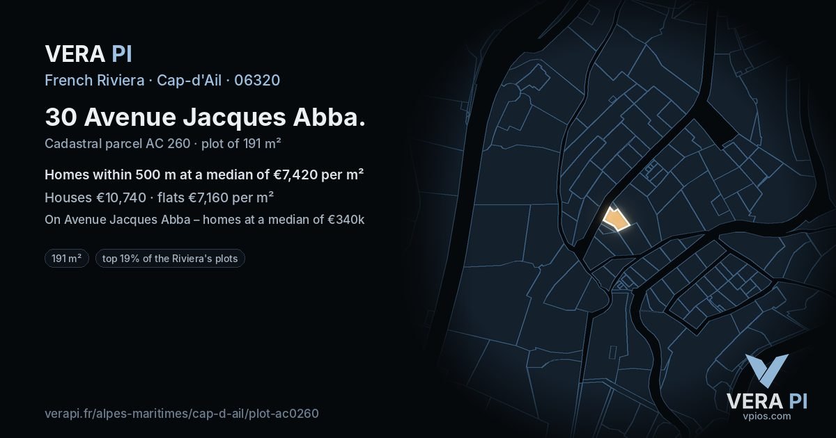 30 Avenue Jacques Abba, Cap-d'Ail at night – the plot lit, the parcels around coloured by the prices near them