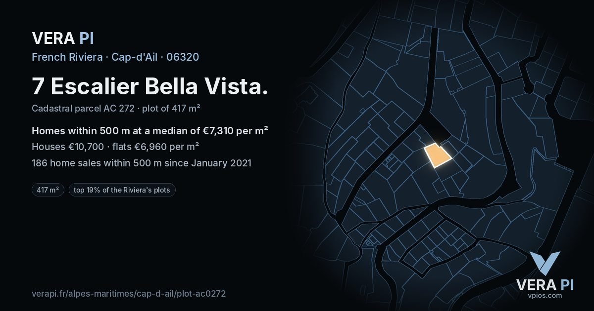 7 Escalier Bella Vista, Cap-d'Ail at night – the plot lit, the parcels around coloured by the prices near them