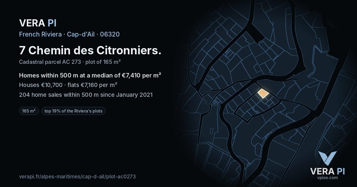 7 Chemin des Citronniers, Cap-d'Ail at night – the plot lit, the parcels around coloured by the prices near them