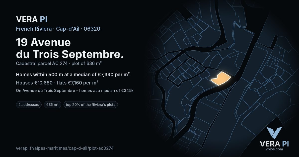 19 Avenue du Trois Septembre, Cap-d'Ail at night – the plot lit, the parcels around coloured by the prices near them