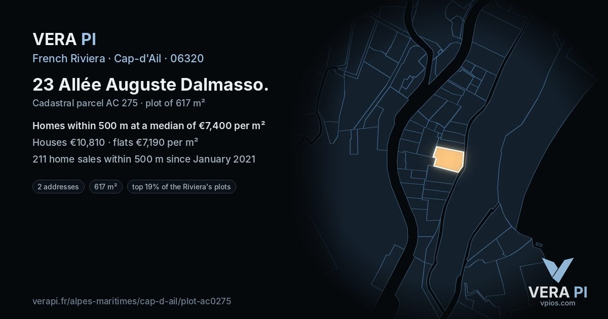 23 Allée Auguste Dalmasso, Cap-d'Ail at night – the plot lit, the parcels around coloured by the prices near them