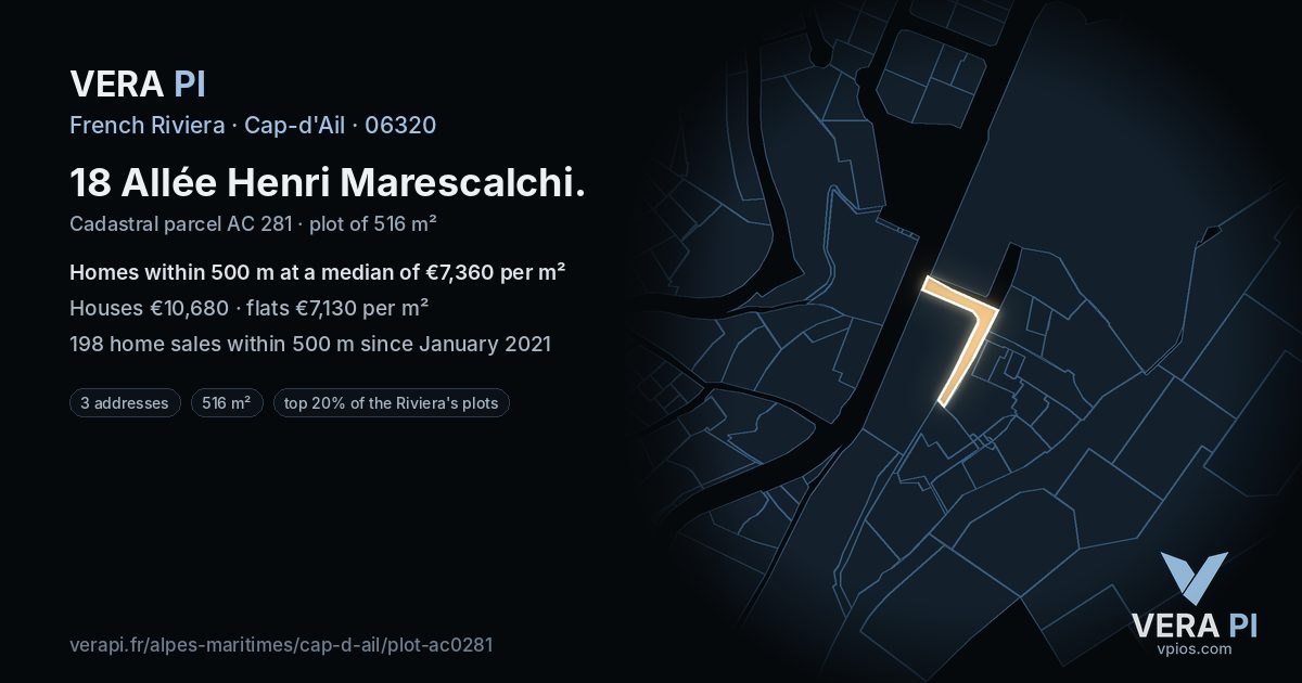 18 Allée Henri Marescalchi, Cap-d'Ail at night – the plot lit, the parcels around coloured by the prices near them