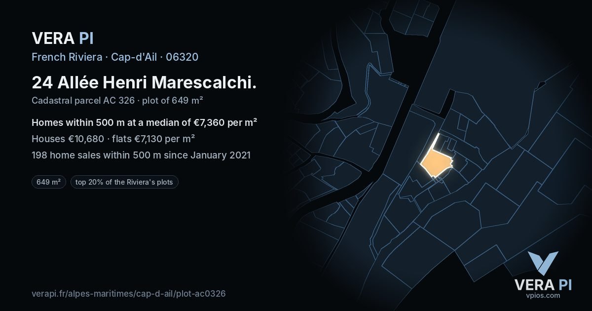 24 Allée Henri Marescalchi, Cap-d'Ail at night – the plot lit, the parcels around coloured by the prices near them