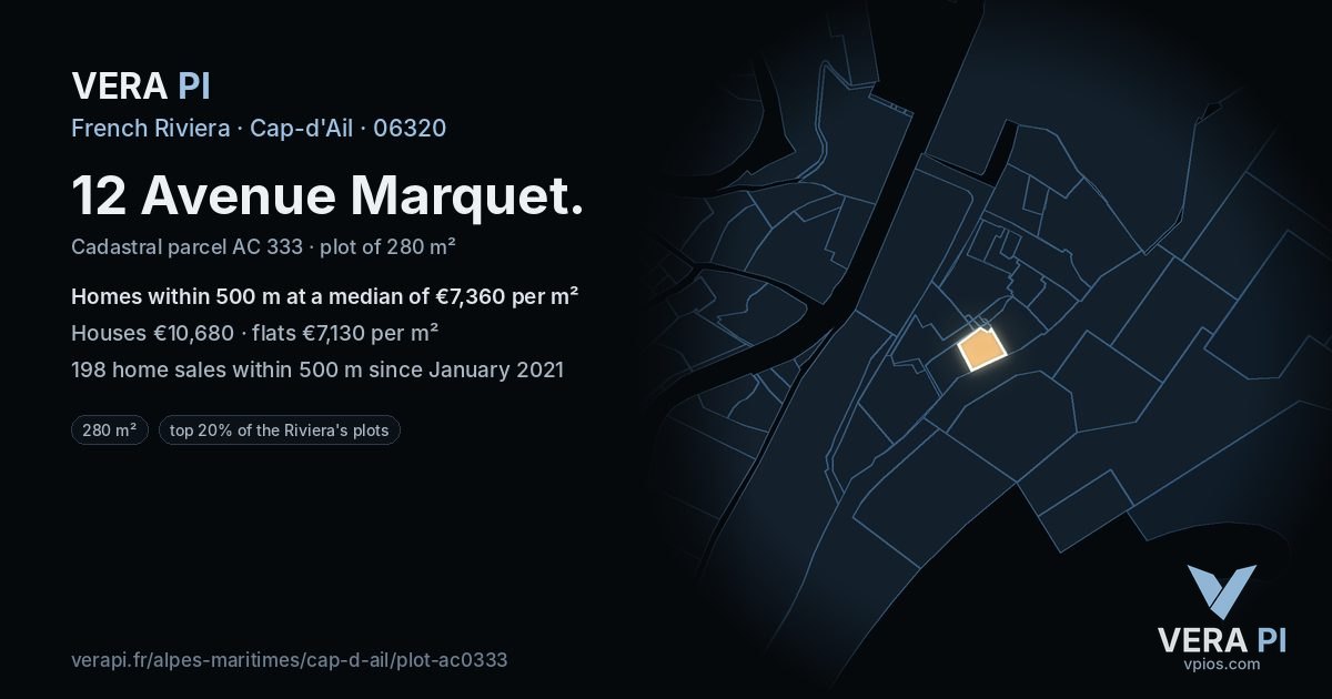 12 Avenue Marquet, Cap-d'Ail at night – the plot lit, the parcels around coloured by the prices near them