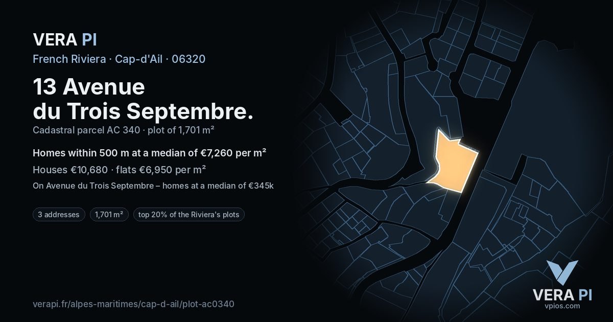13 Avenue du Trois Septembre, Cap-d'Ail at night – the plot lit, the parcels around coloured by the prices near them