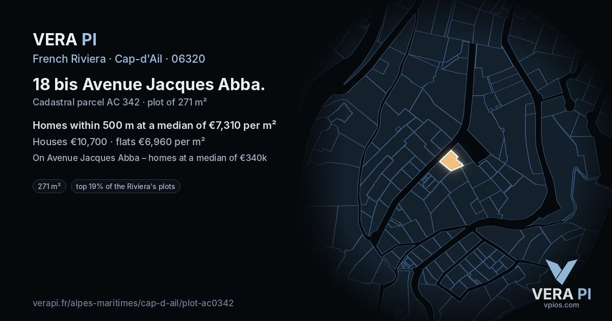 18 bis Avenue Jacques Abba, Cap-d'Ail at night – the plot lit, the parcels around coloured by the prices near them