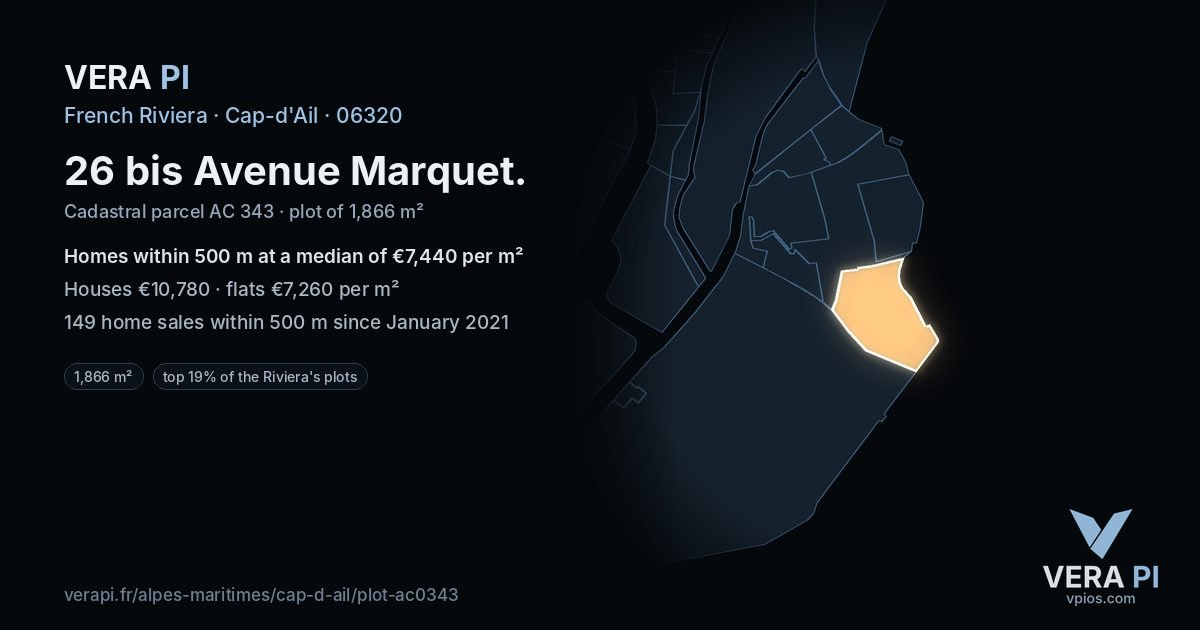 26 bis Avenue Marquet, Cap-d'Ail at night – the plot lit, the parcels around coloured by the prices near them