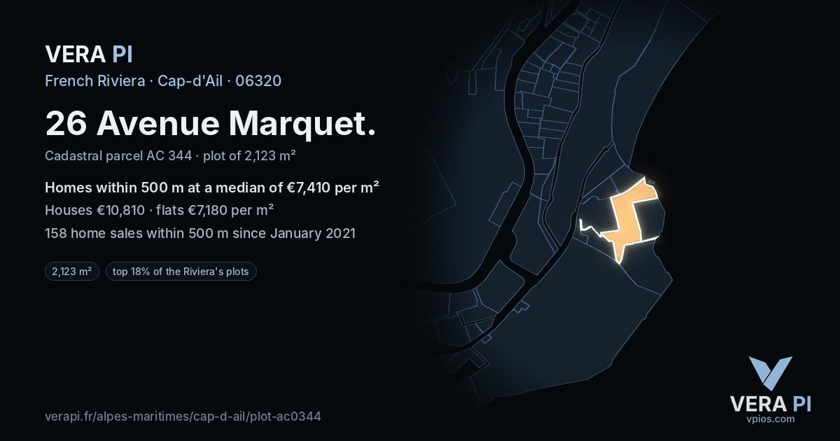 26 Avenue Marquet, Cap-d'Ail at night – the plot lit, the parcels around coloured by the prices near them