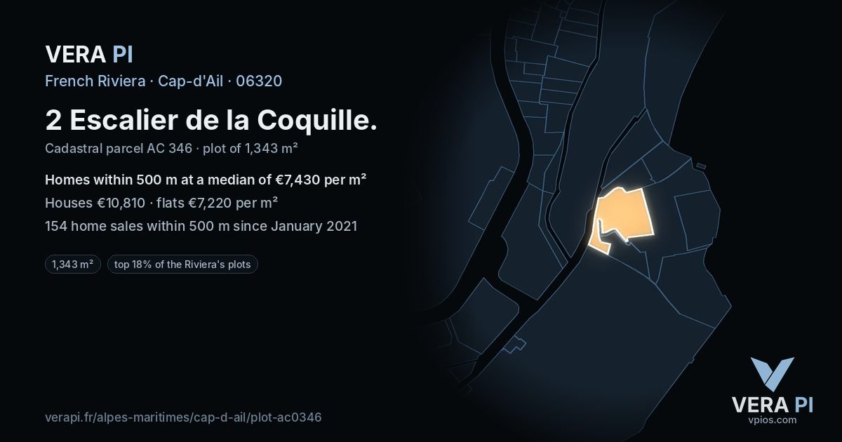 2 Escalier de la Coquille, Cap-d'Ail at night – the plot lit, the parcels around coloured by the prices near them