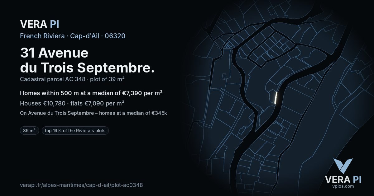 31 Avenue du Trois Septembre, Cap-d'Ail at night – the plot lit, the parcels around coloured by the prices near them