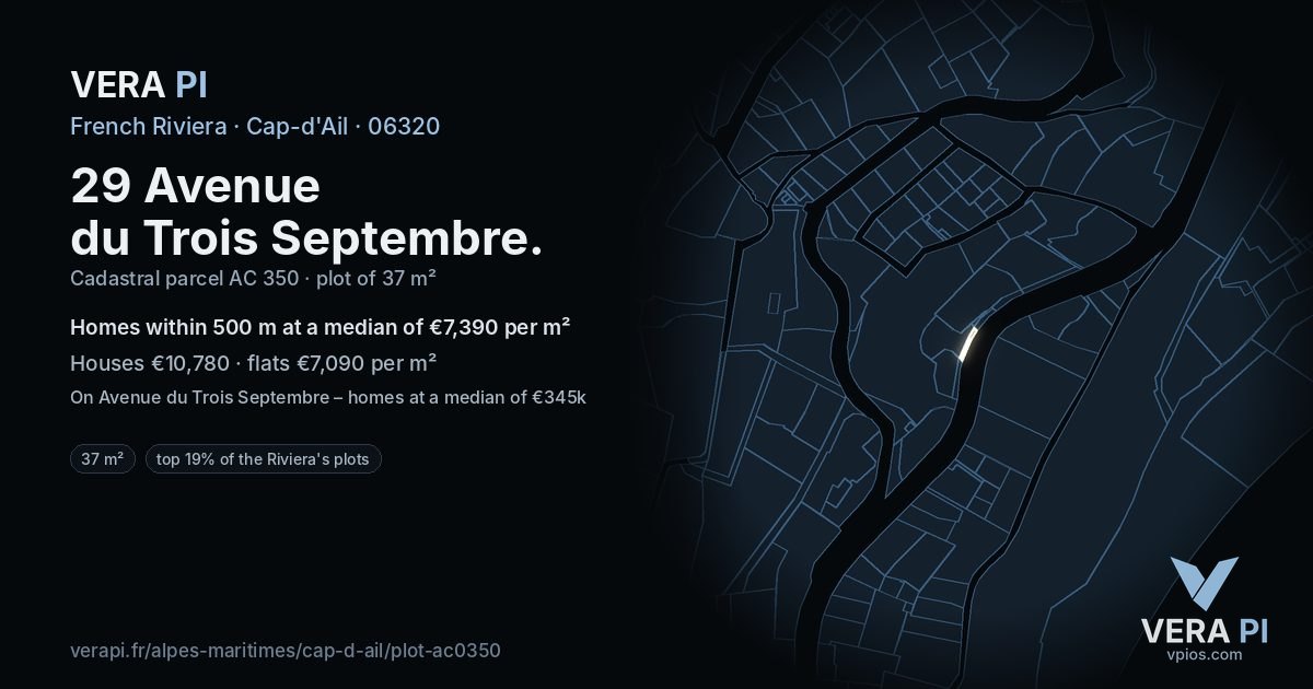 29 Avenue du Trois Septembre, Cap-d'Ail at night – the plot lit, the parcels around coloured by the prices near them