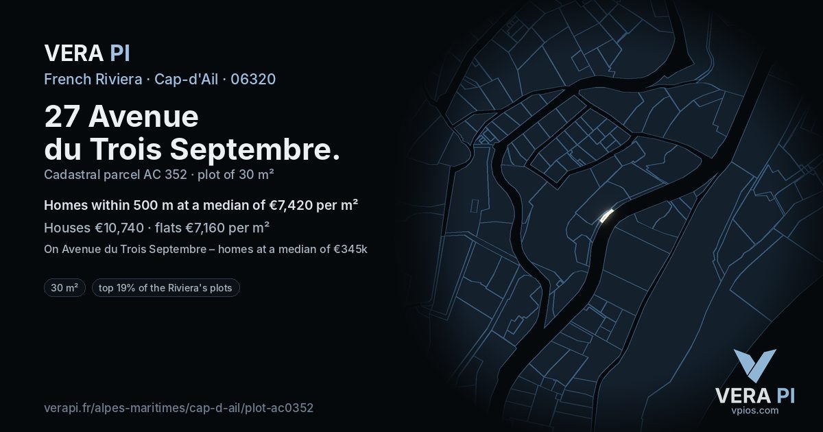 27 Avenue du Trois Septembre, Cap-d'Ail at night – the plot lit, the parcels around coloured by the prices near them