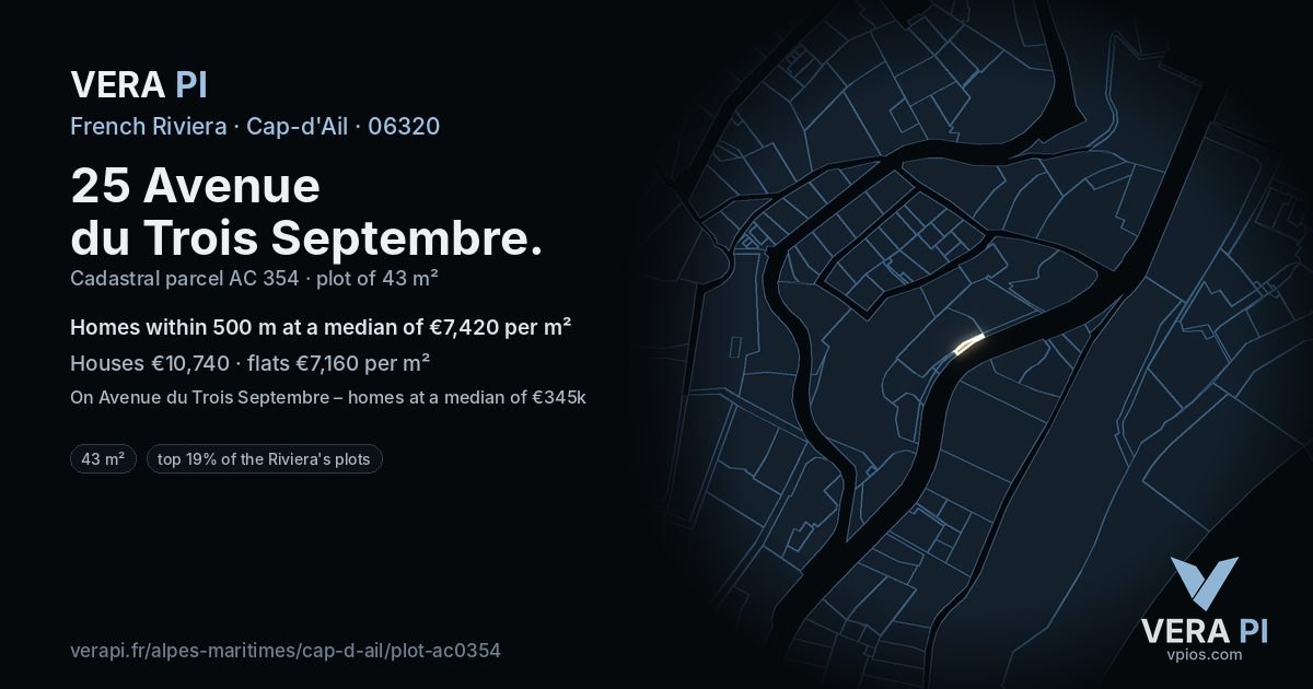 25 Avenue du Trois Septembre, Cap-d'Ail at night – the plot lit, the parcels around coloured by the prices near them