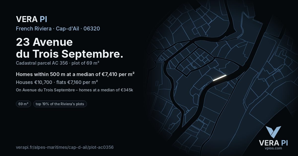 23 Avenue du Trois Septembre, Cap-d'Ail at night – the plot lit, the parcels around coloured by the prices near them