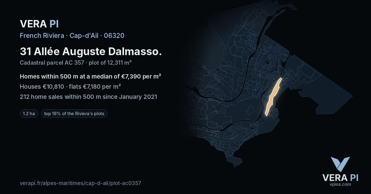 31 Allée Auguste Dalmasso, Cap-d'Ail at night – the plot lit, the parcels around coloured by the prices near them