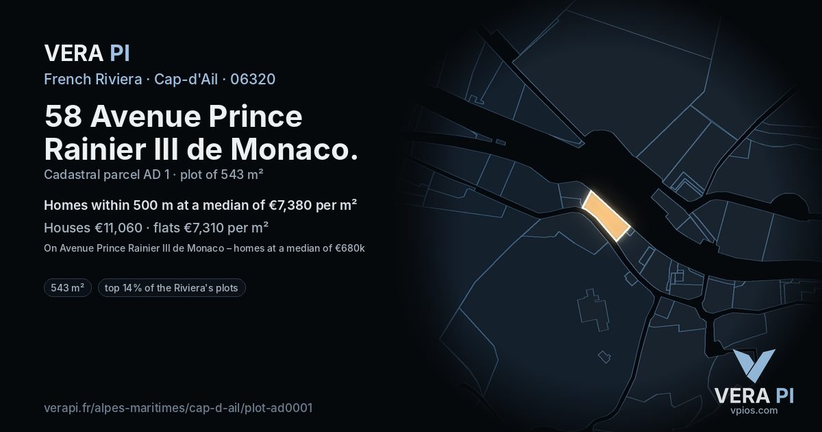 58 Avenue Prince Rainier III de Monaco, Cap-d'Ail at night – the plot lit, the parcels around coloured by the prices near them