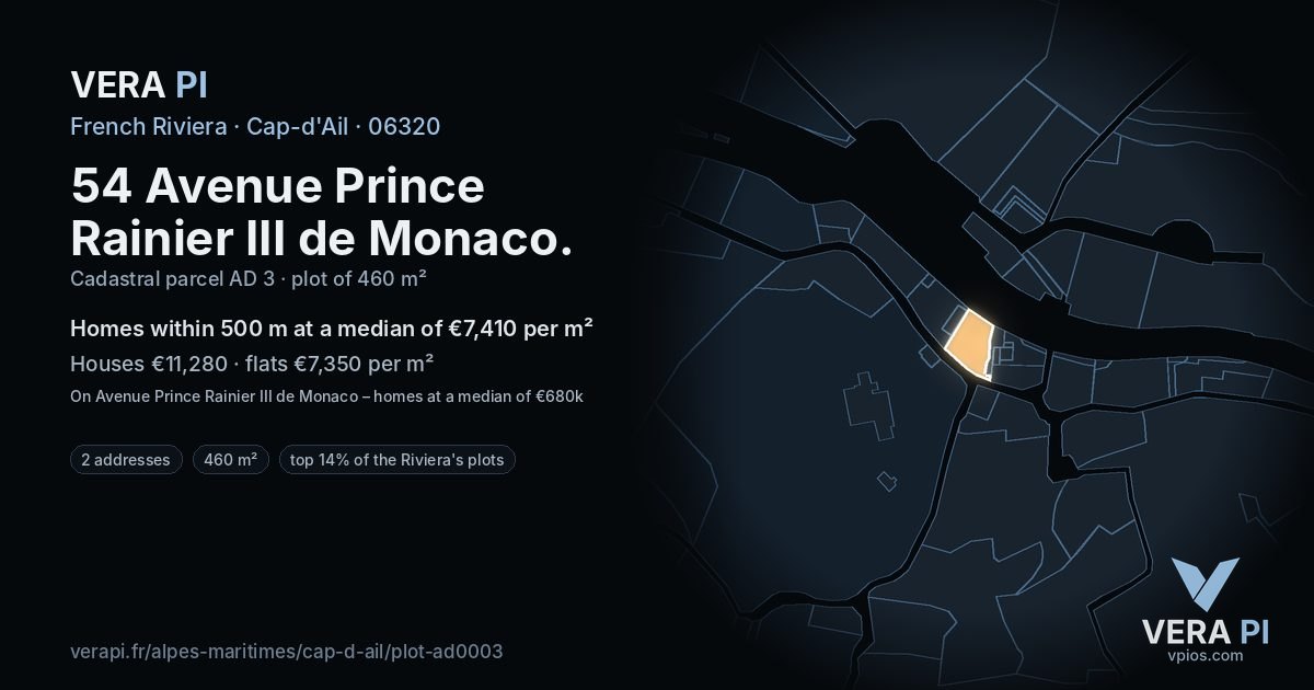 54 Avenue Prince Rainier III de Monaco, Cap-d'Ail at night – the plot lit, the parcels around coloured by the prices near them