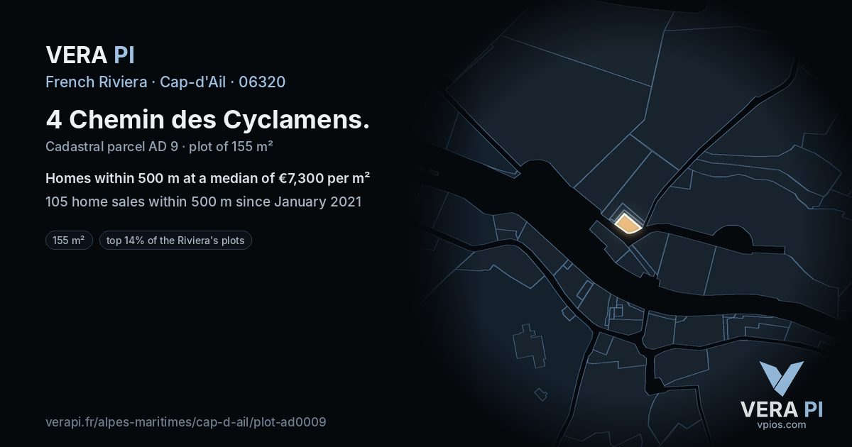 4 Chemin des Cyclamens, Cap-d'Ail at night – the plot lit, the parcels around coloured by the prices near them