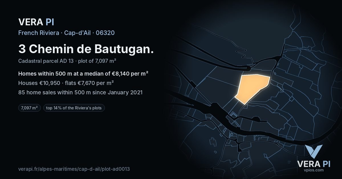 3 Chemin de Bautugan, Cap-d'Ail at night – the plot lit, the parcels around coloured by the prices near them