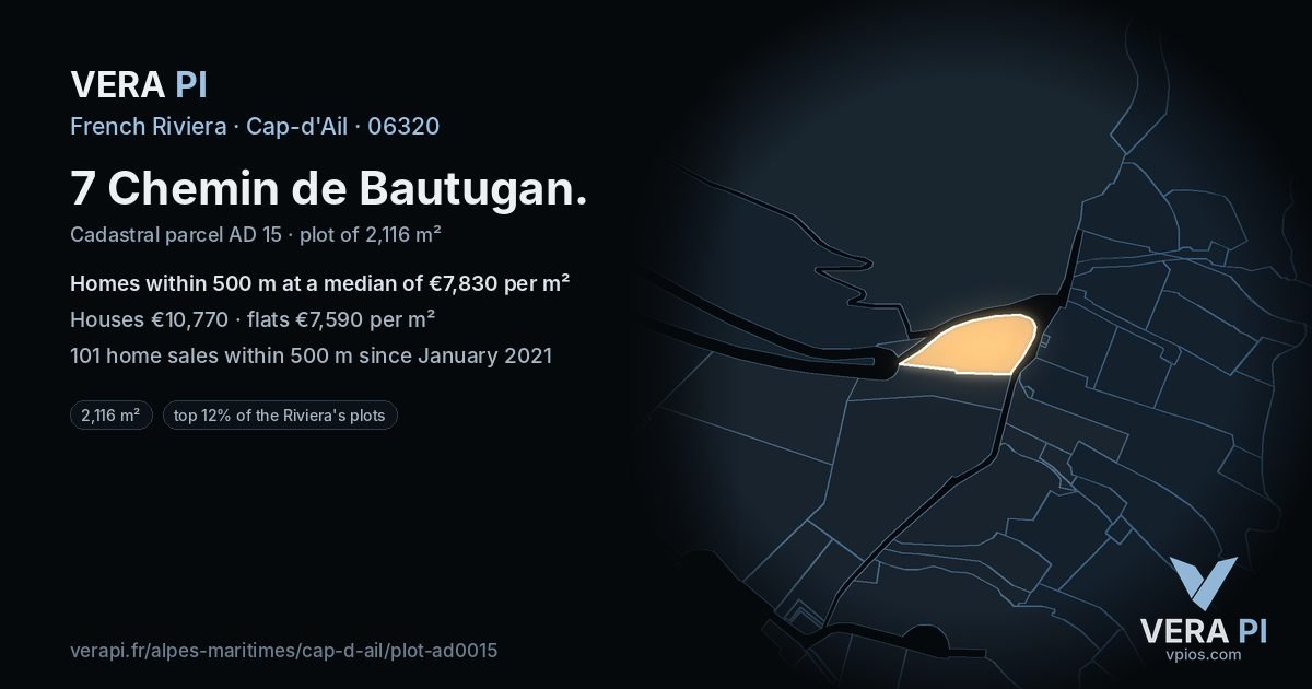 7 Chemin de Bautugan, Cap-d'Ail at night – the plot lit, the parcels around coloured by the prices near them