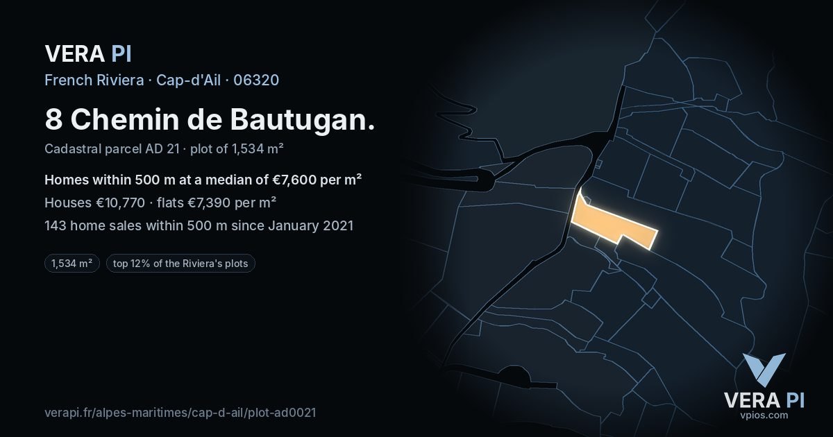 8 Chemin de Bautugan, Cap-d'Ail at night – the plot lit, the parcels around coloured by the prices near them