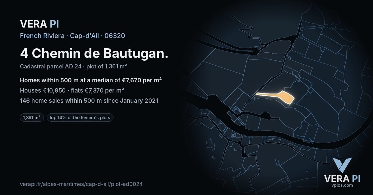 4 Chemin de Bautugan, Cap-d'Ail at night – the plot lit, the parcels around coloured by the prices near them