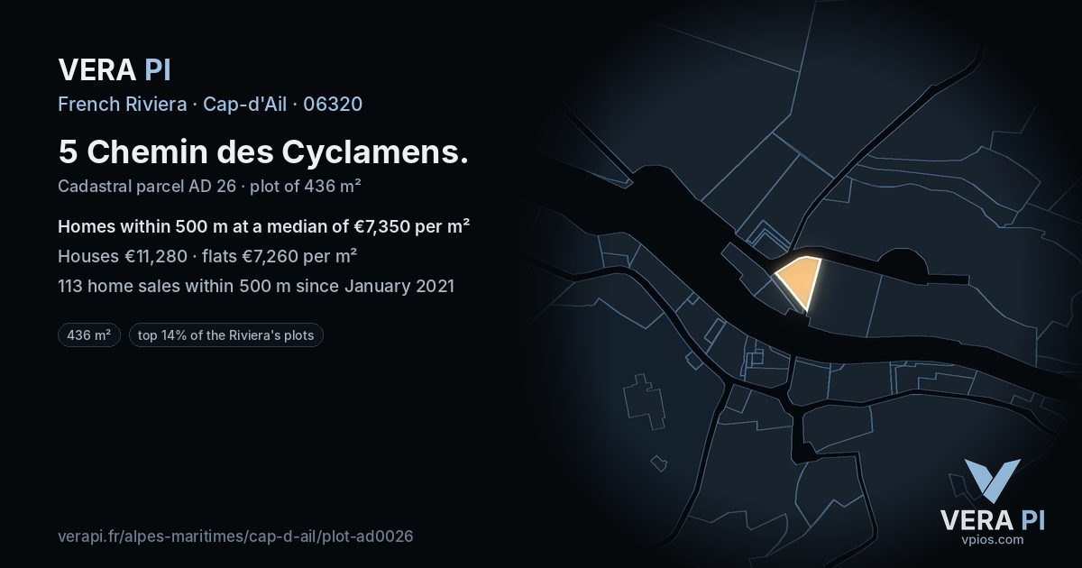 5 Chemin des Cyclamens, Cap-d'Ail at night – the plot lit, the parcels around coloured by the prices near them