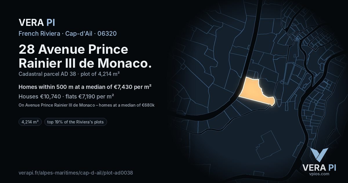 28 Avenue Prince Rainier III de Monaco, Cap-d'Ail at night – the plot lit, the parcels around coloured by the prices near them