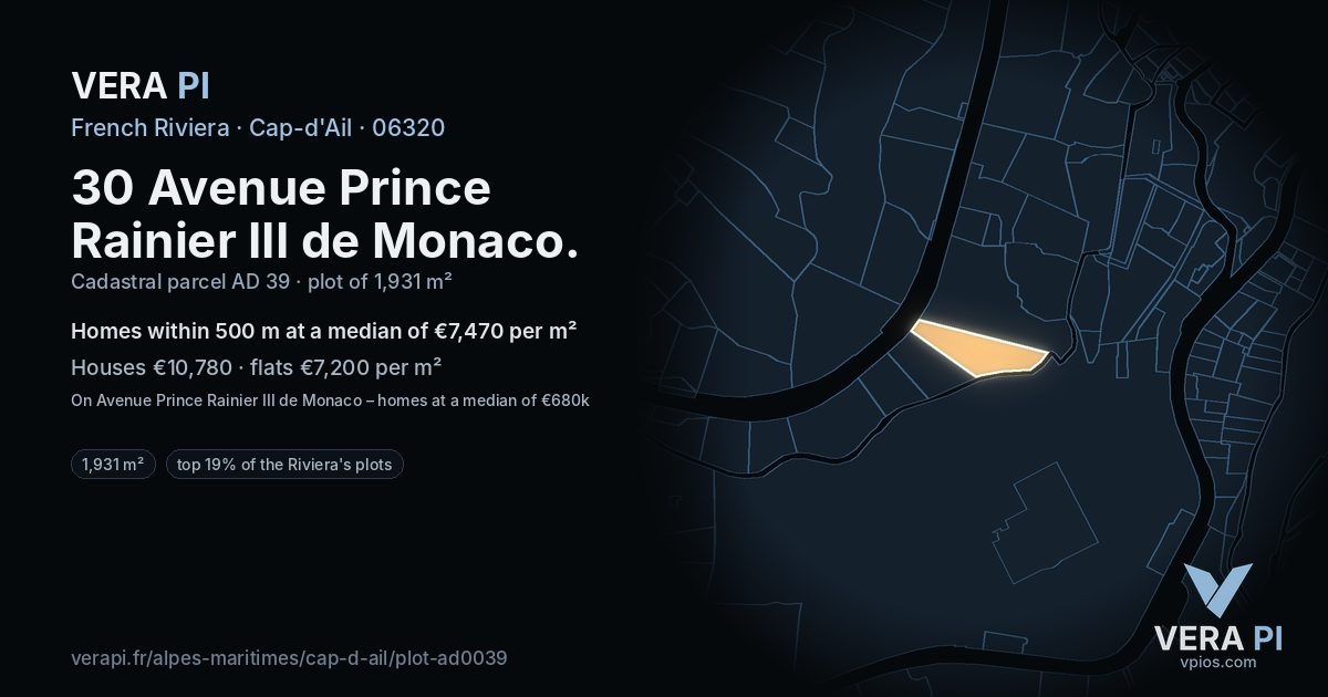 30 Avenue Prince Rainier III de Monaco, Cap-d'Ail at night – the plot lit, the parcels around coloured by the prices near them