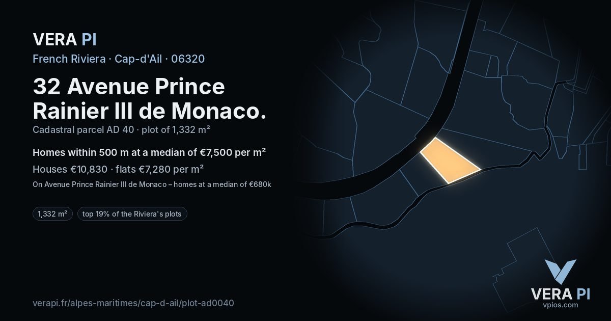 32 Avenue Prince Rainier III de Monaco, Cap-d'Ail at night – the plot lit, the parcels around coloured by the prices near them