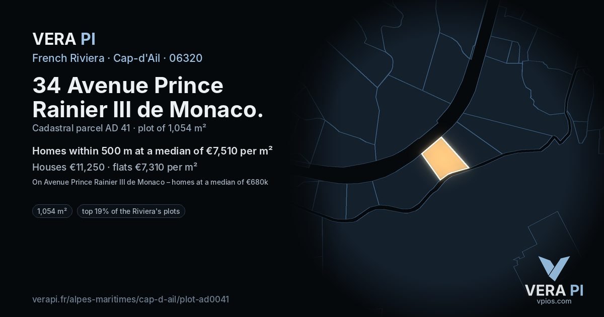 34 Avenue Prince Rainier III de Monaco, Cap-d'Ail at night – the plot lit, the parcels around coloured by the prices near them