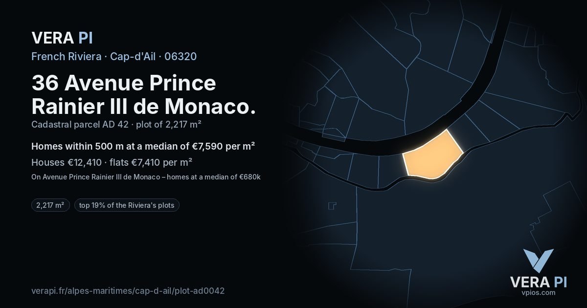 36 Avenue Prince Rainier III de Monaco, Cap-d'Ail at night – the plot lit, the parcels around coloured by the prices near them