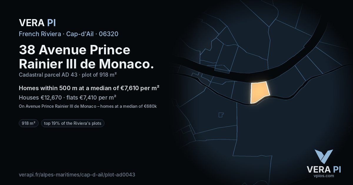 38 Avenue Prince Rainier III de Monaco, Cap-d'Ail at night – the plot lit, the parcels around coloured by the prices near them