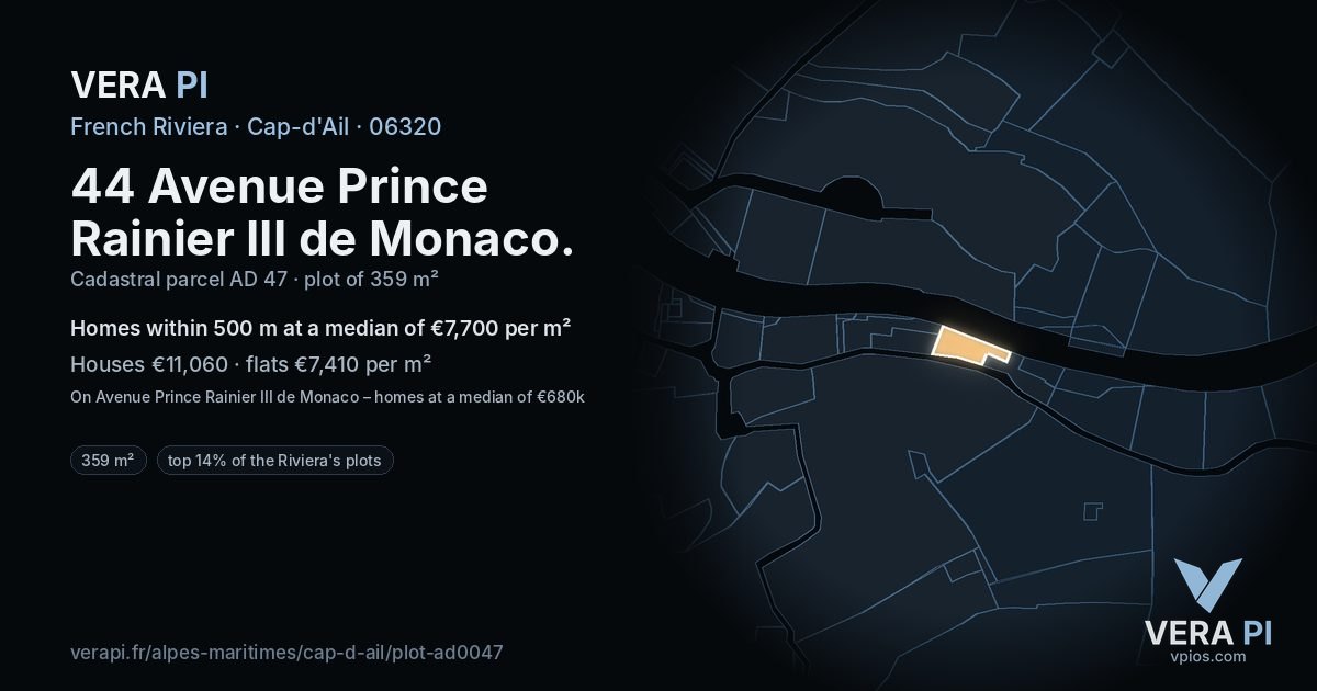 44 Avenue Prince Rainier III de Monaco, Cap-d'Ail at night – the plot lit, the parcels around coloured by the prices near them