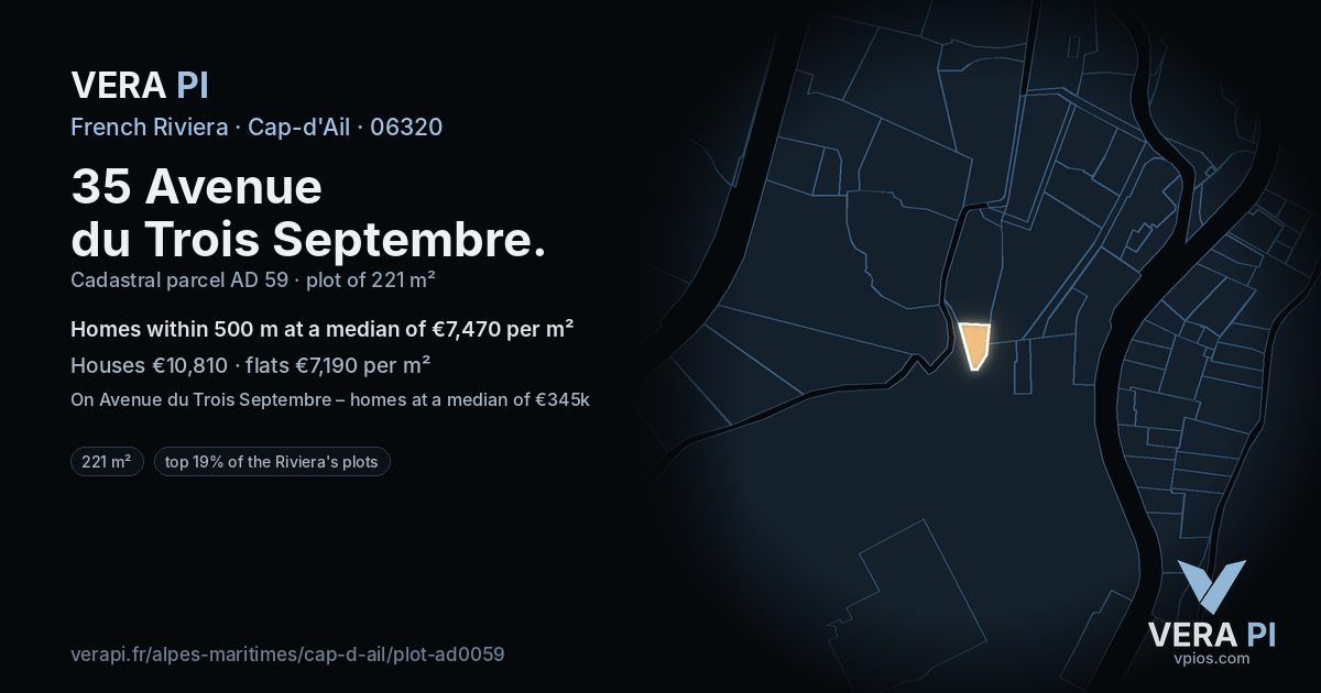 35 Avenue du Trois Septembre, Cap-d'Ail at night – the plot lit, the parcels around coloured by the prices near them